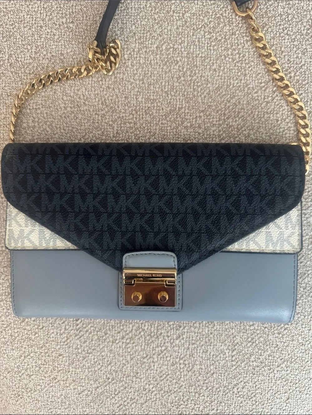 Michael Kors Navy, Light Blue and White Logo Chain Crossbody Bag